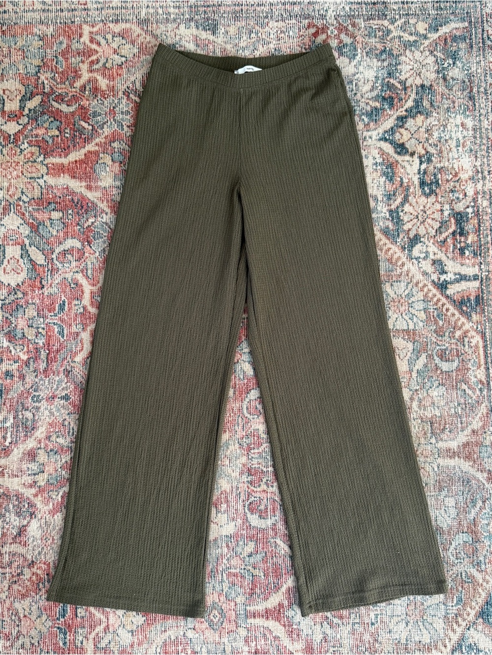Mango Textured Knit Pants — Olive